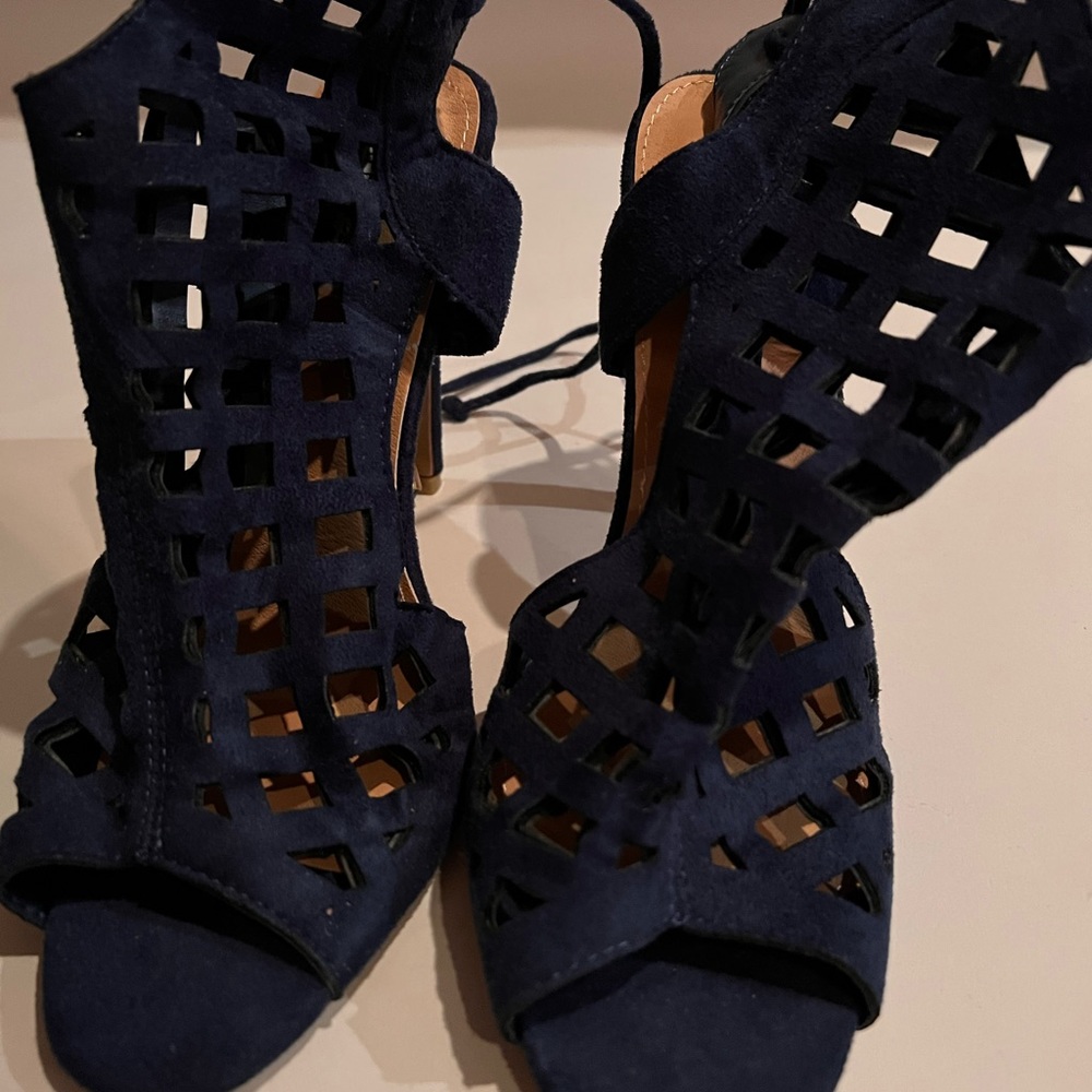 Peep toe Navy lace up booties never worn